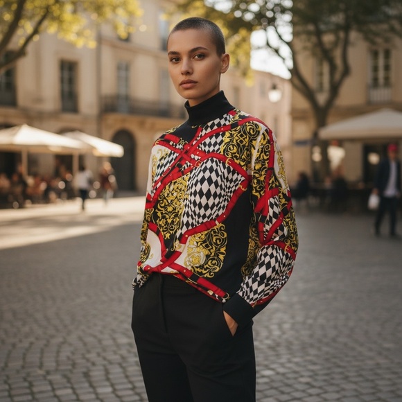 Escada Tops - Vintage Escada Baroque Belt Print Mock Neck Silk Charmeuse Blouse Medium/Large